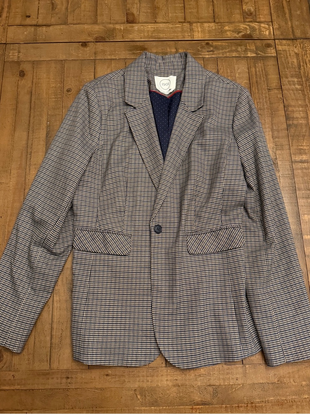 1901 Women's Blue & Gray Checked Single-Button Blazer